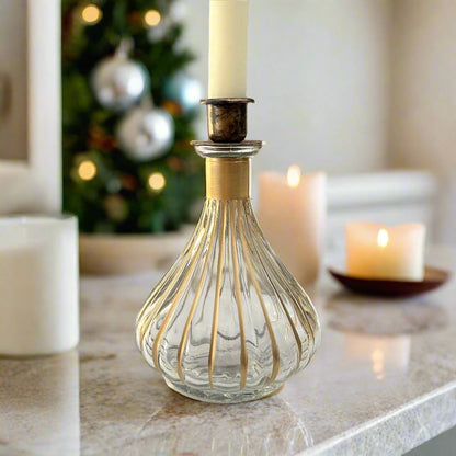 Glass Candle Holder with Gold Strips