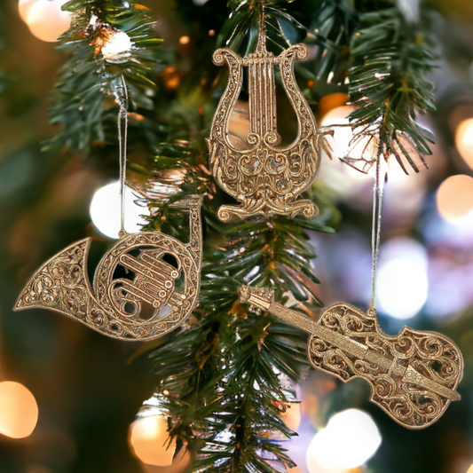 Set of 3 Old Gold Filigree instruments Christmas Tree Decoration