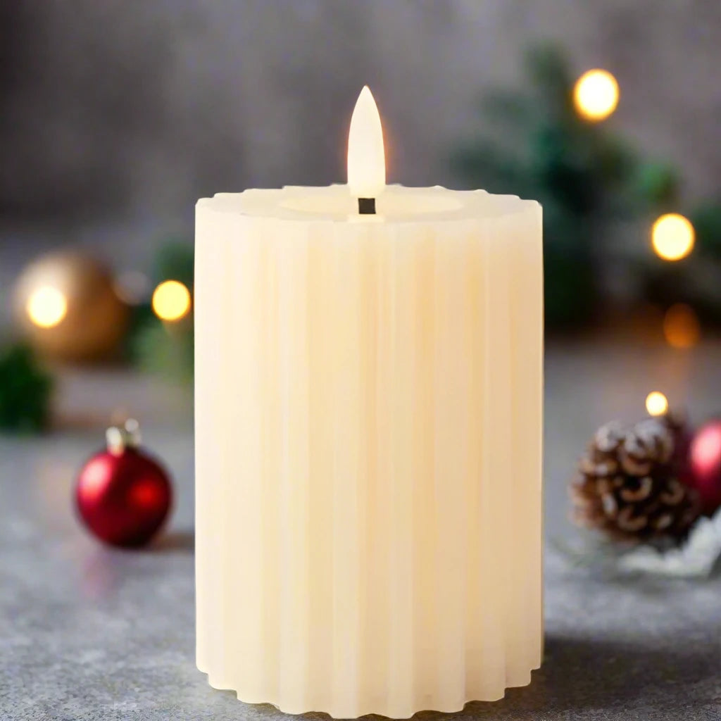 Cream LED Wick Carved Wax Candle with Melted Top 12.3cm x 7.5cm