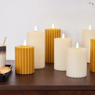 Cream LED Wick Carved Wax Candle with Melted Top 17.3cm x 7.5cm