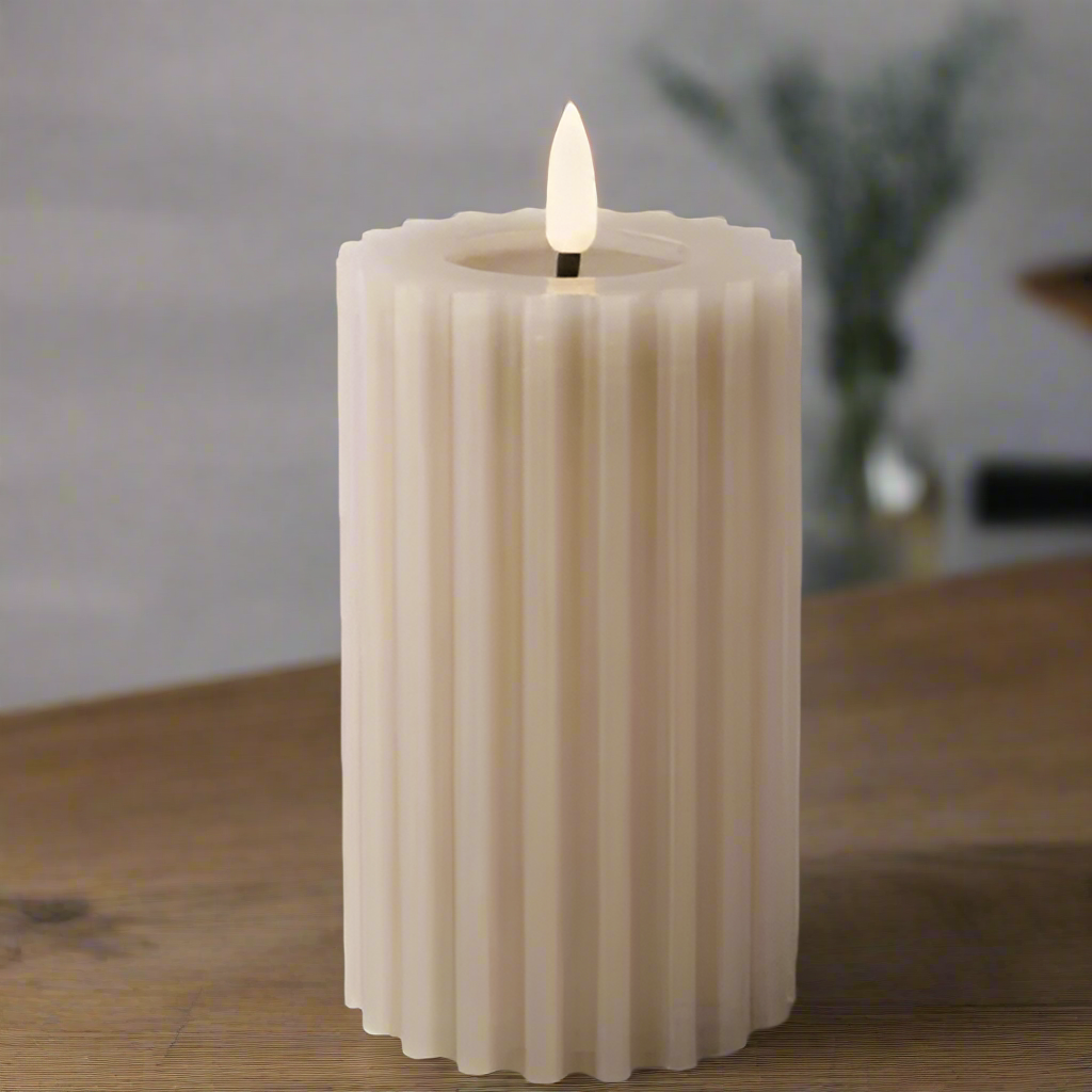 Taupe LED Wick Carved Wax Candle with Melted Top