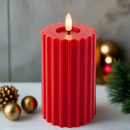 Red LED Wick Carved Wax Candle with Melted Top 14.8cm x 7.5cm