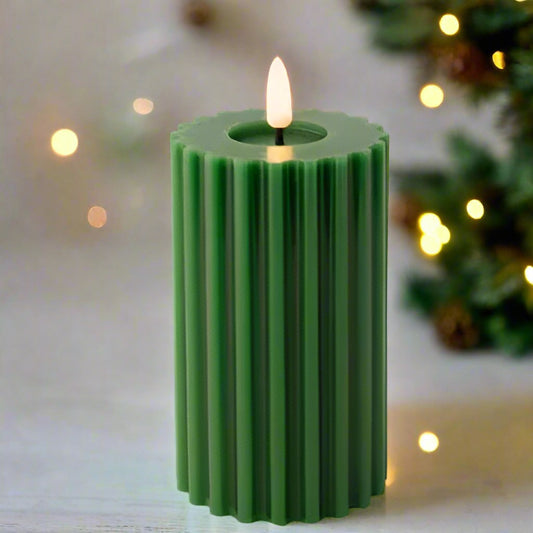 Green LED Wick Carved Wax Candle with Melted Top 14.8cm x 7.5cm