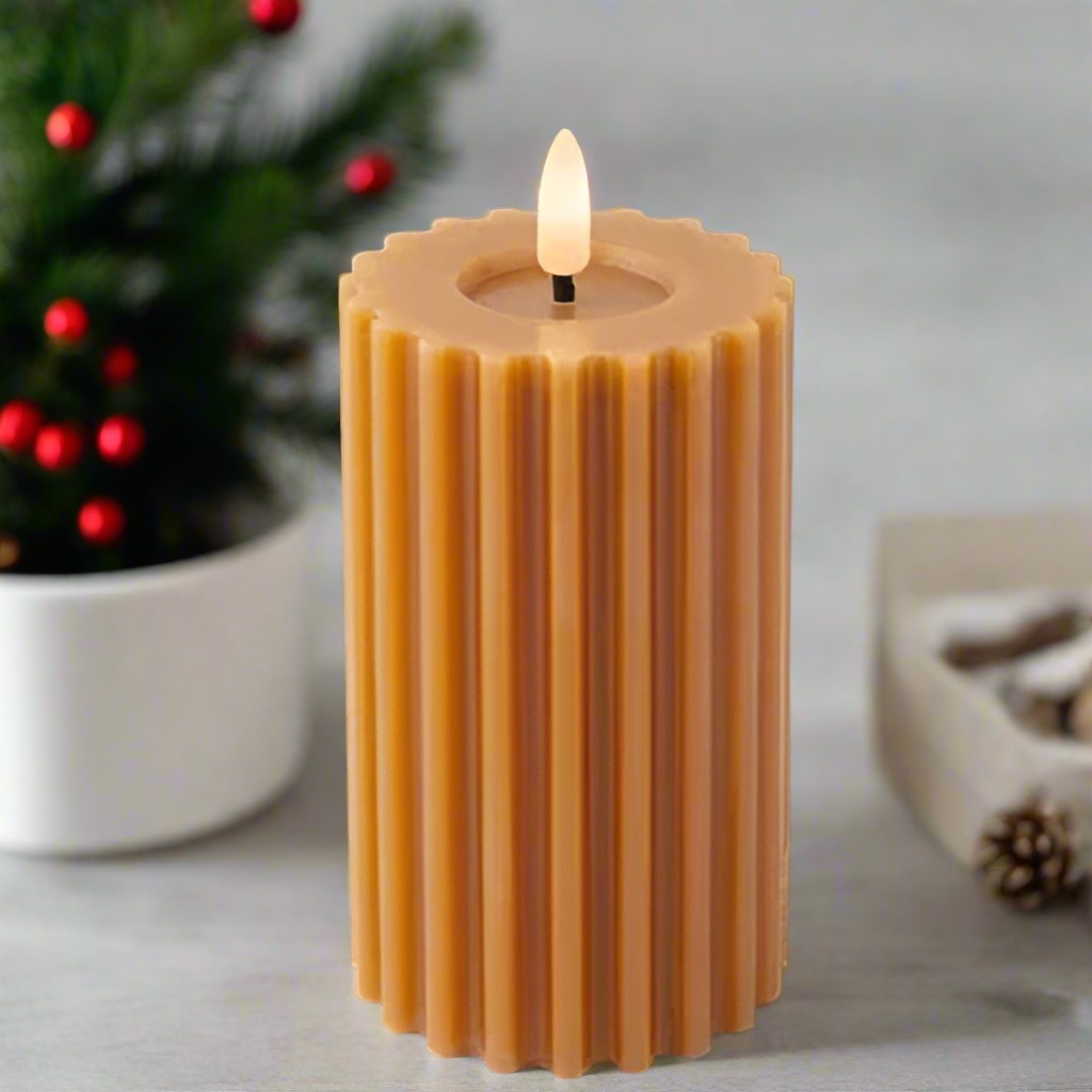 Orange LED Wick Carved Wax Candle with Melted Top 14.8cm x 7.5cm