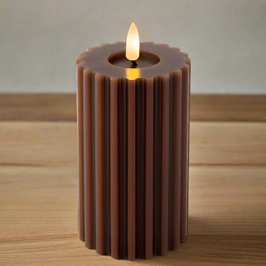 Brown LED Wick Carved Wax Candle with Melted Top 14.8cm x 7.5cm