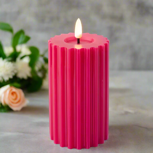 Pink LED Wick Carved Wax Candle with Melted Top 14.8cm x 7.5cm