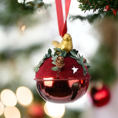 Red Christmas Bell with Golden Robin