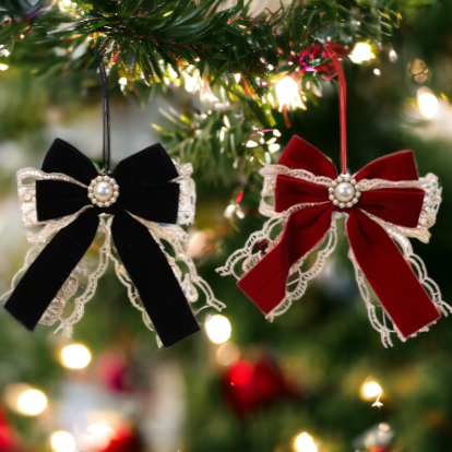 Christmas Velvet Pearl Bow with Lace Decoration