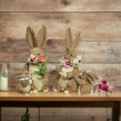 Set of 2 Mum And Baby Easter Bunny with Flowers Decoration