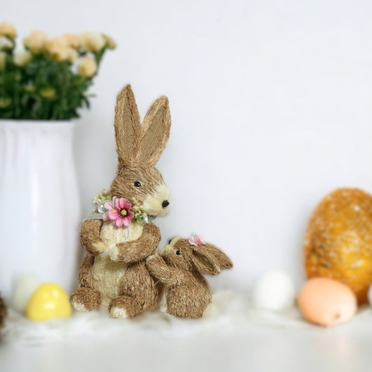 Set of 2 Mum And Baby Easter Bunny with Flowers Decoration