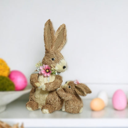 Set of 2 Mum And Baby Easter Bunny with Flowers Decoration