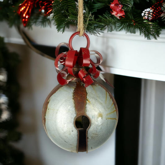 Large Christmas Silver and Red Metal Bell Bauble