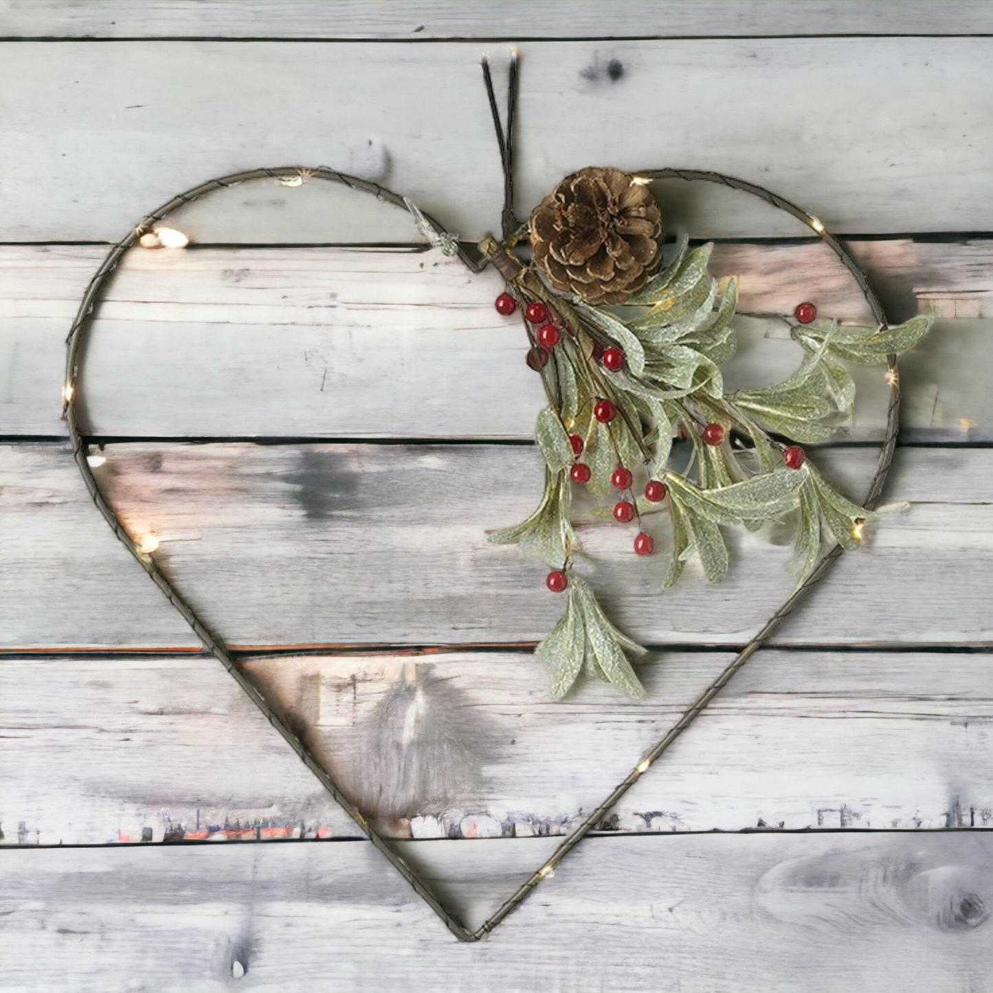 Christmas 37cm Heart with Mistletoe and Red Berries LED Lit