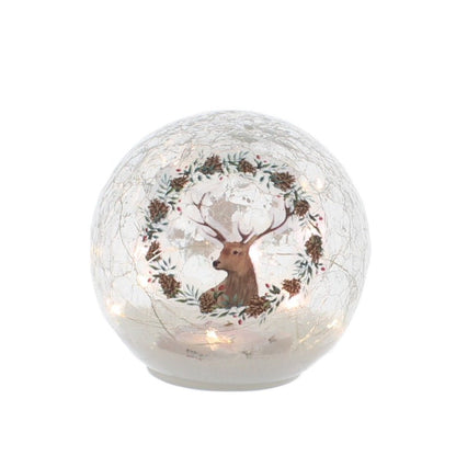 Crackle Effect Lit 15cm Ball with Reindeer Head Print Battery Operated