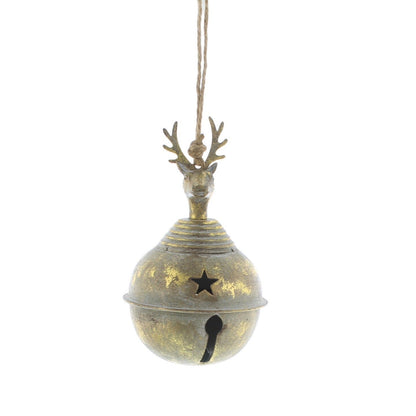 Christmas Gold Sleigh Bell with Stag Head 14cm