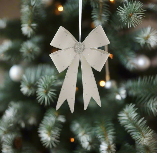 White Metal Bow with Silver Glitter Christmas Decoration 18cm