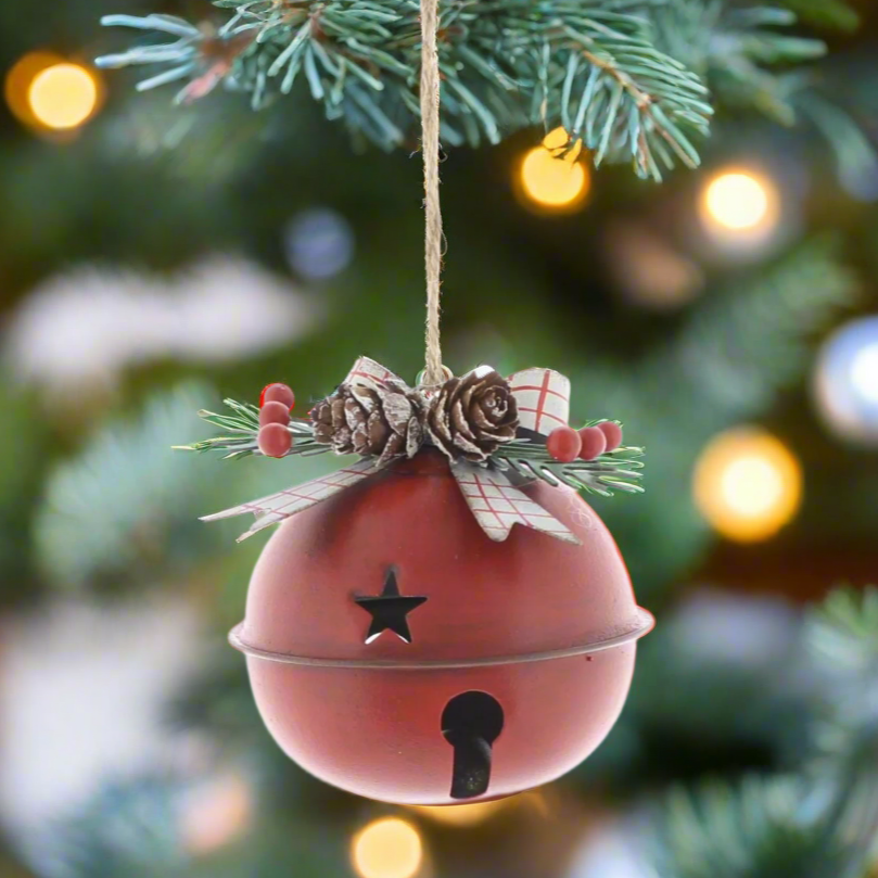 Red Christmas Sleigh Bell with Winter Foliage 8cm