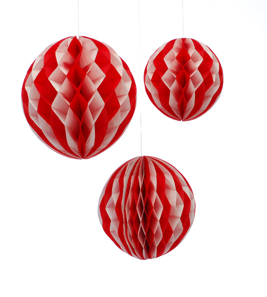 Pack of 3 Red and White Stripe Paper Ball Christmas Decoration