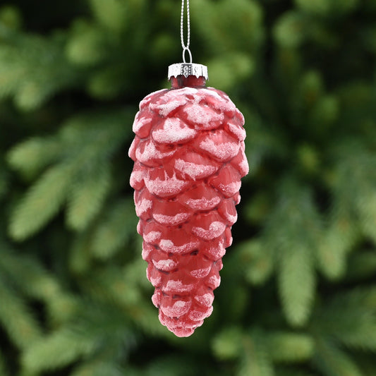 Red Frosted Glass Christmas Pinecone Decoration 12cm