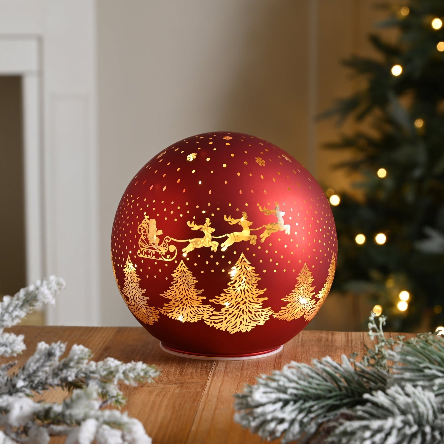 Red Santa and Sleigh Scene Lit Ball Decoration 15cm