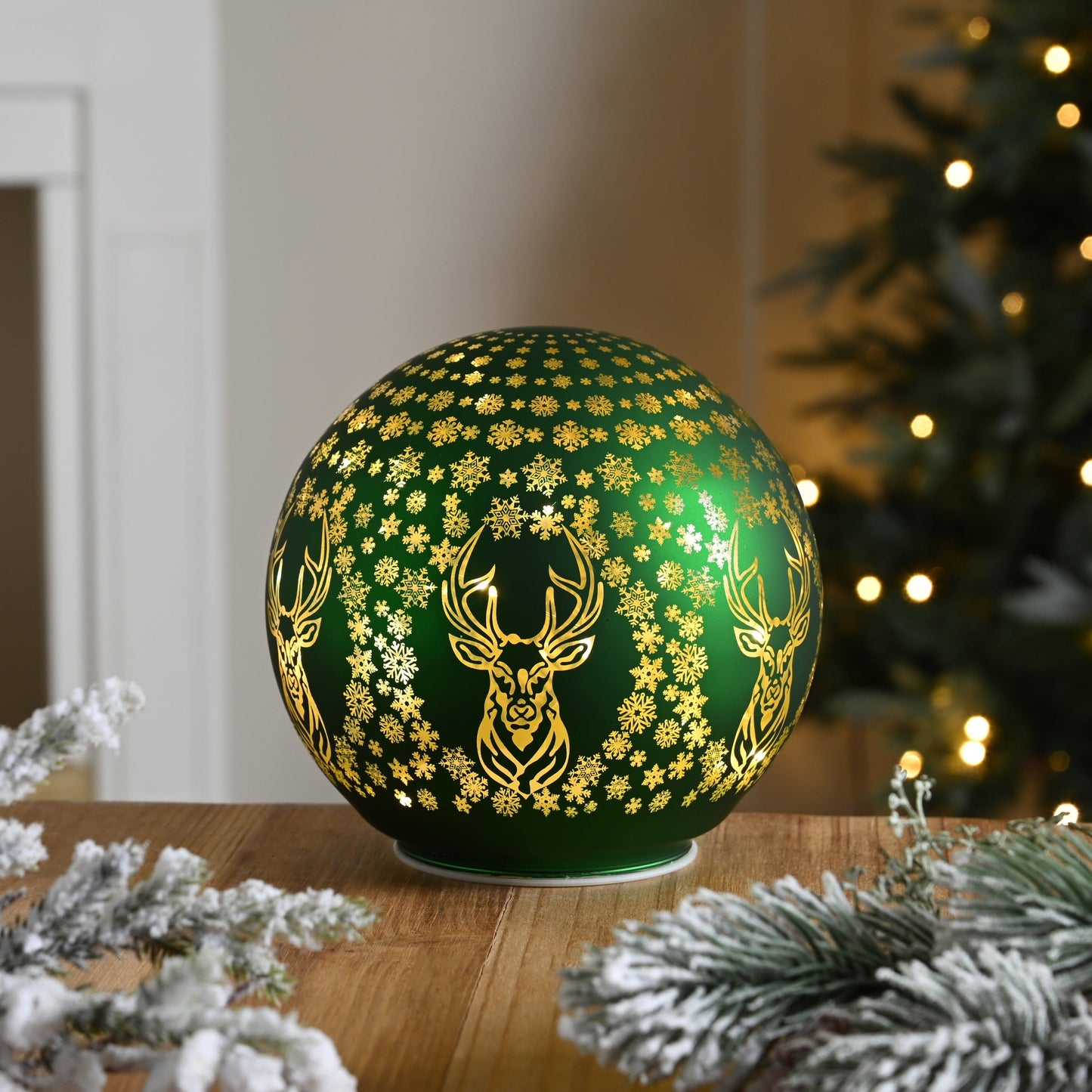 Green Reindeer Design Lit Ball Decoration 15cm