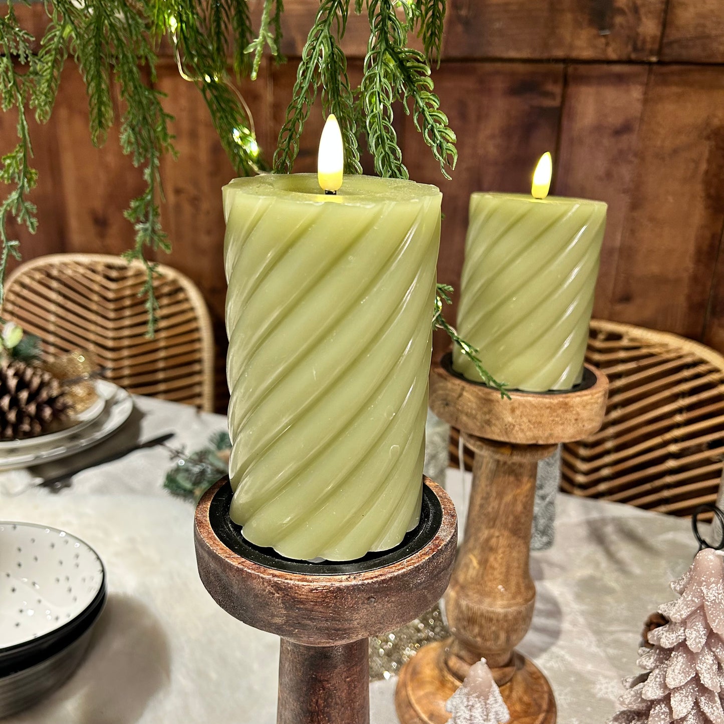 Green LED Wick Twisted Wax Candle with Melted Top 12.3cm x 7.5cm