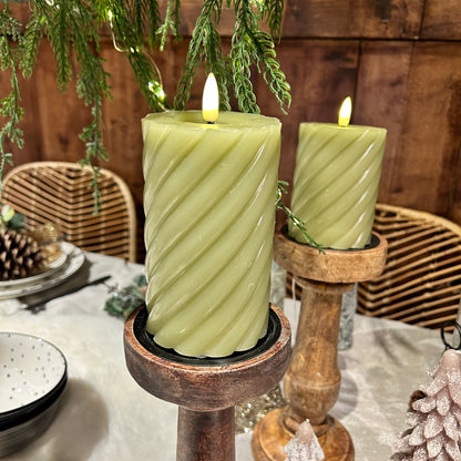 Green LED Wick Twisted Wax Candle with Melted Top 14.8cm x 7.5cm