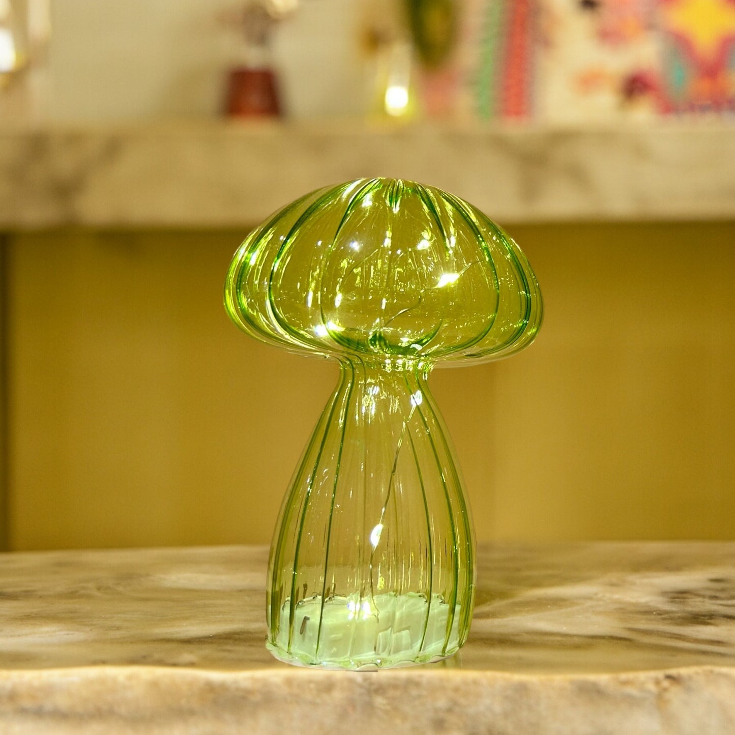 Micro LED Green Glass Mushroom Decoration 16.5cm