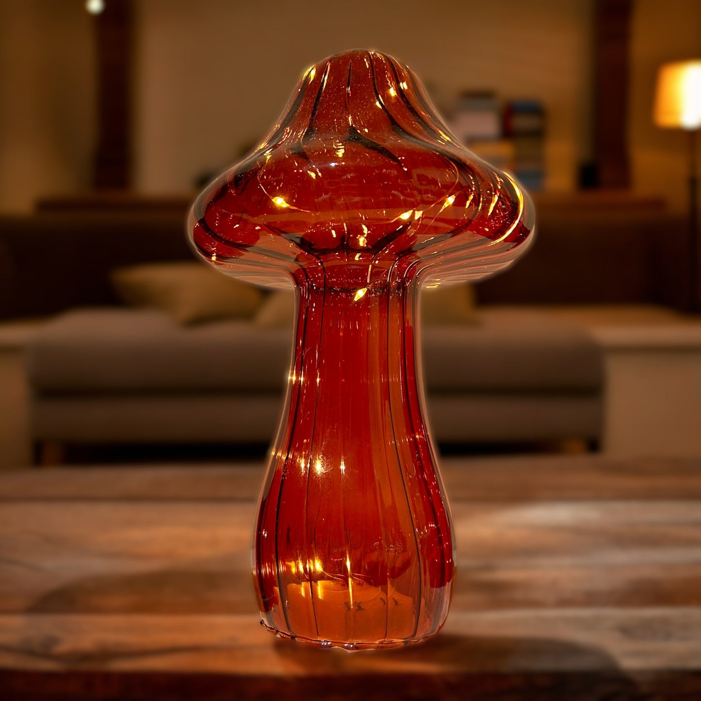 Micro LED Burnt Orange Glass Mushroom Decoration 25cm