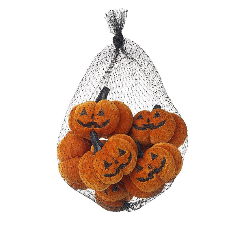 Set of 6 Velvet Halloween Pumpkins with Faces