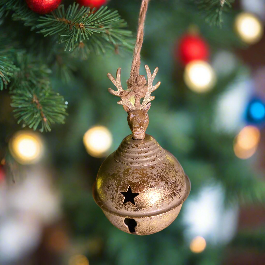 Christmas Gold Sleigh Bell with Stag Head 14cm