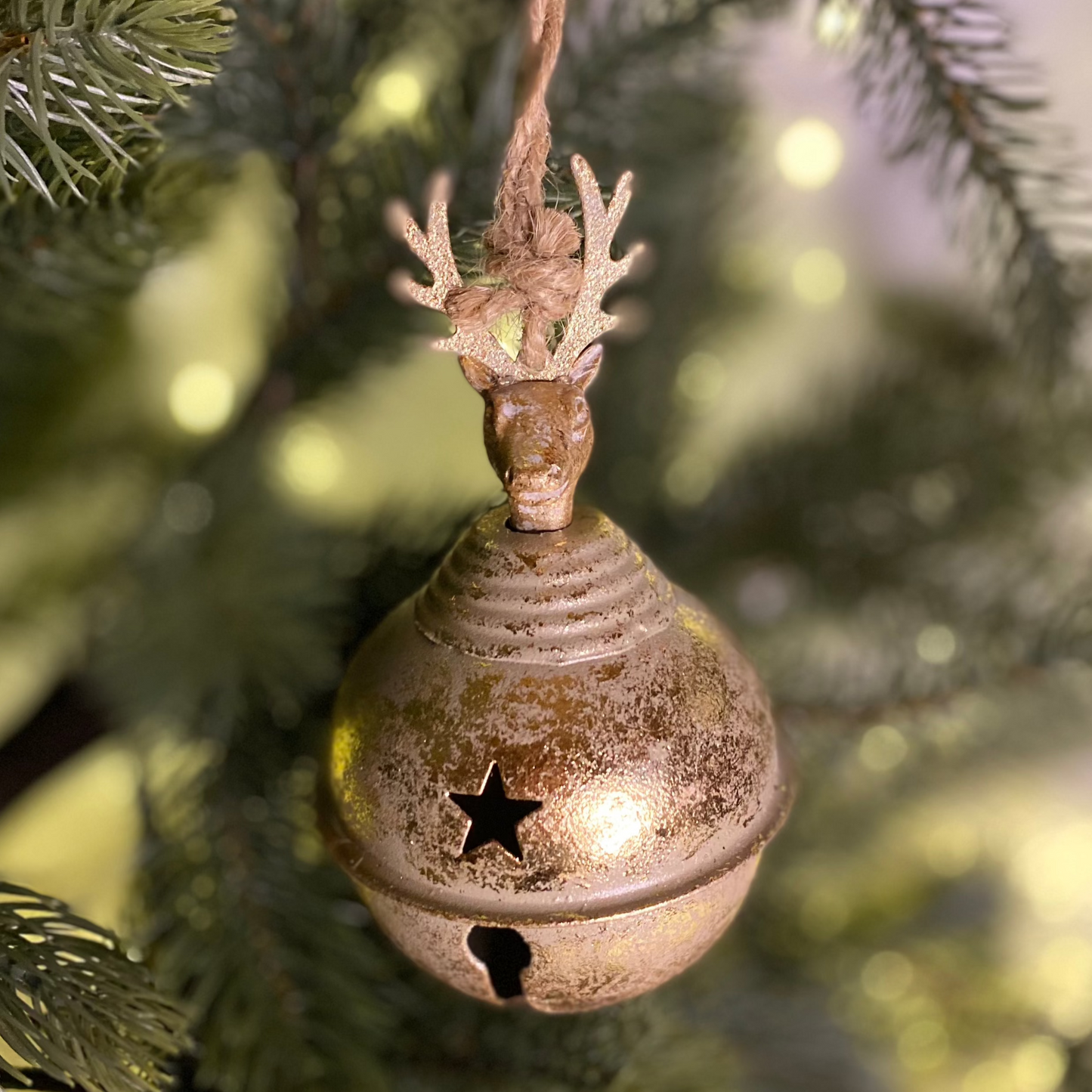 Christmas Gold Sleigh Bell with Stag Head 14cm