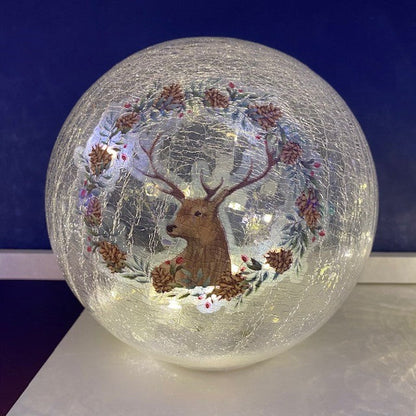 Crackle Effect Lit 15cm Ball with Reindeer Head Print Battery Operated