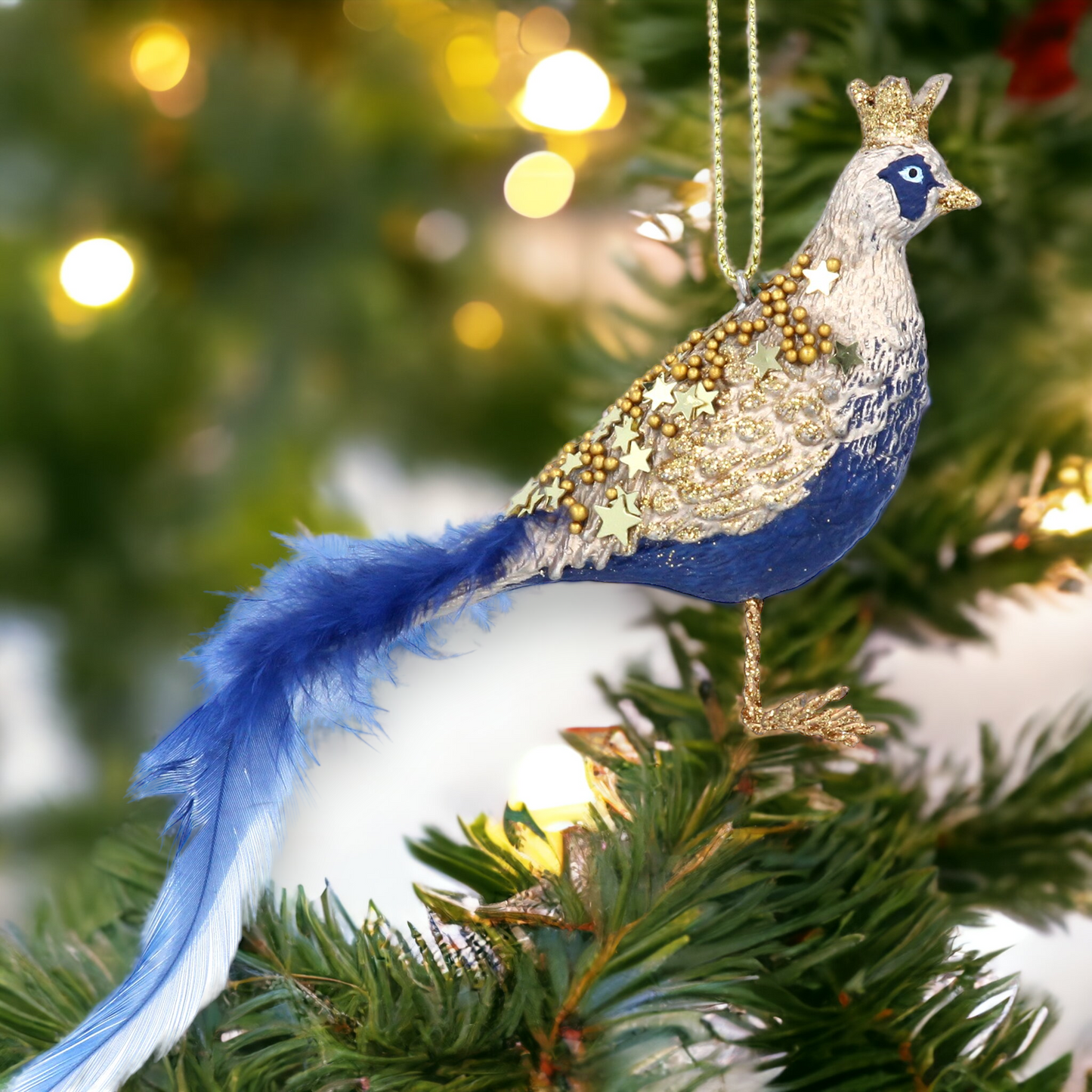 Blue and Gold Feather Pheasant Christmas Decoration