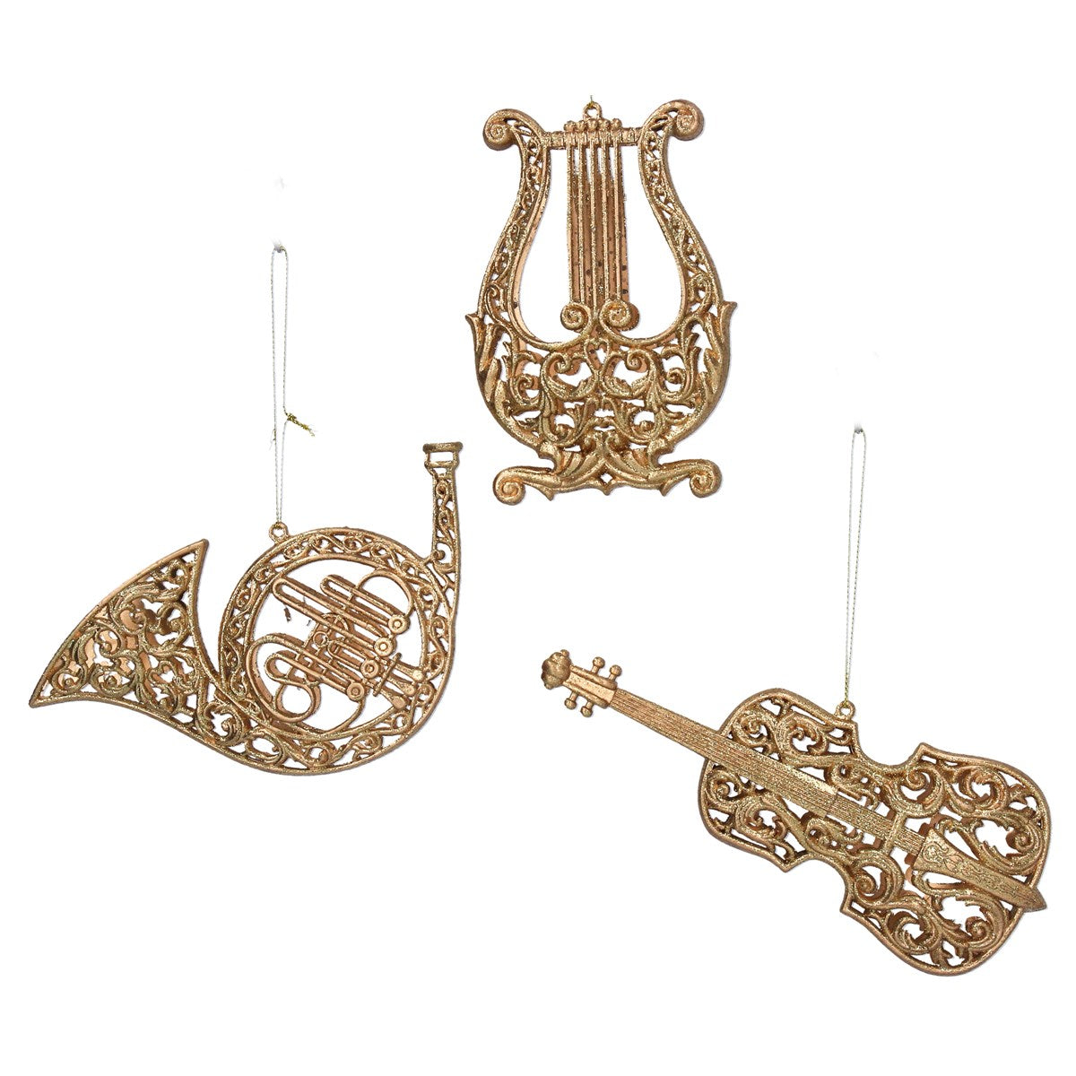 Set of 3 Old Gold Filigree instruments Christmas Tree Decoration