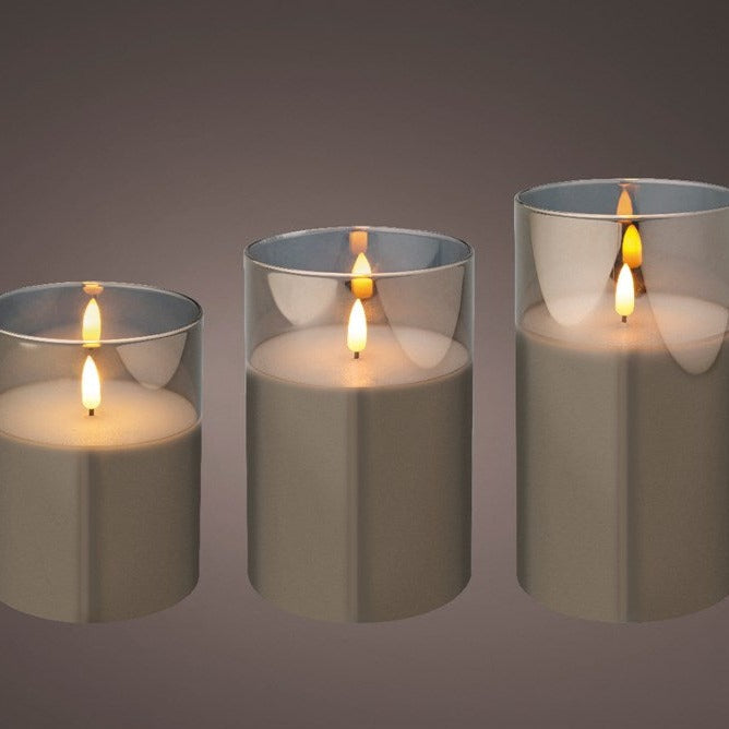 Set of 3 LED Candles in Smokey Grey Glass