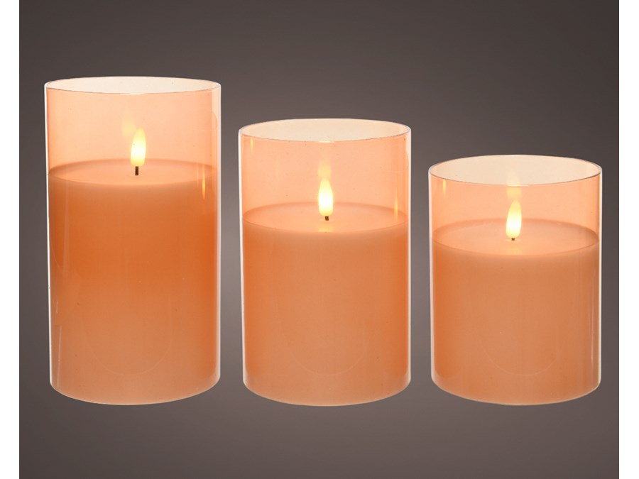 Set of 3 LED Amber Candles in Glass Cylinder