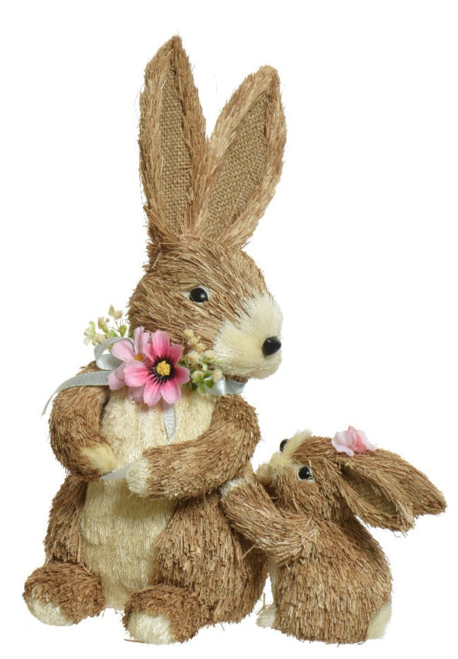 Set of 2 Mum And Baby Easter Bunny with Flowers Decoration