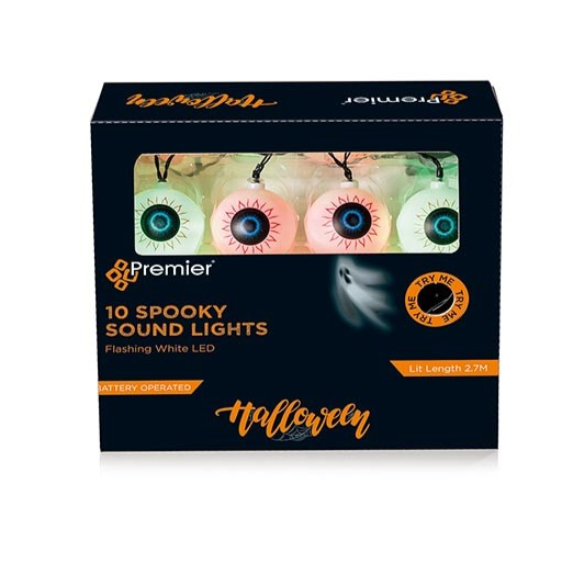 10 Flashing LED Halloween Eyeball String Lights with Spooky Sound