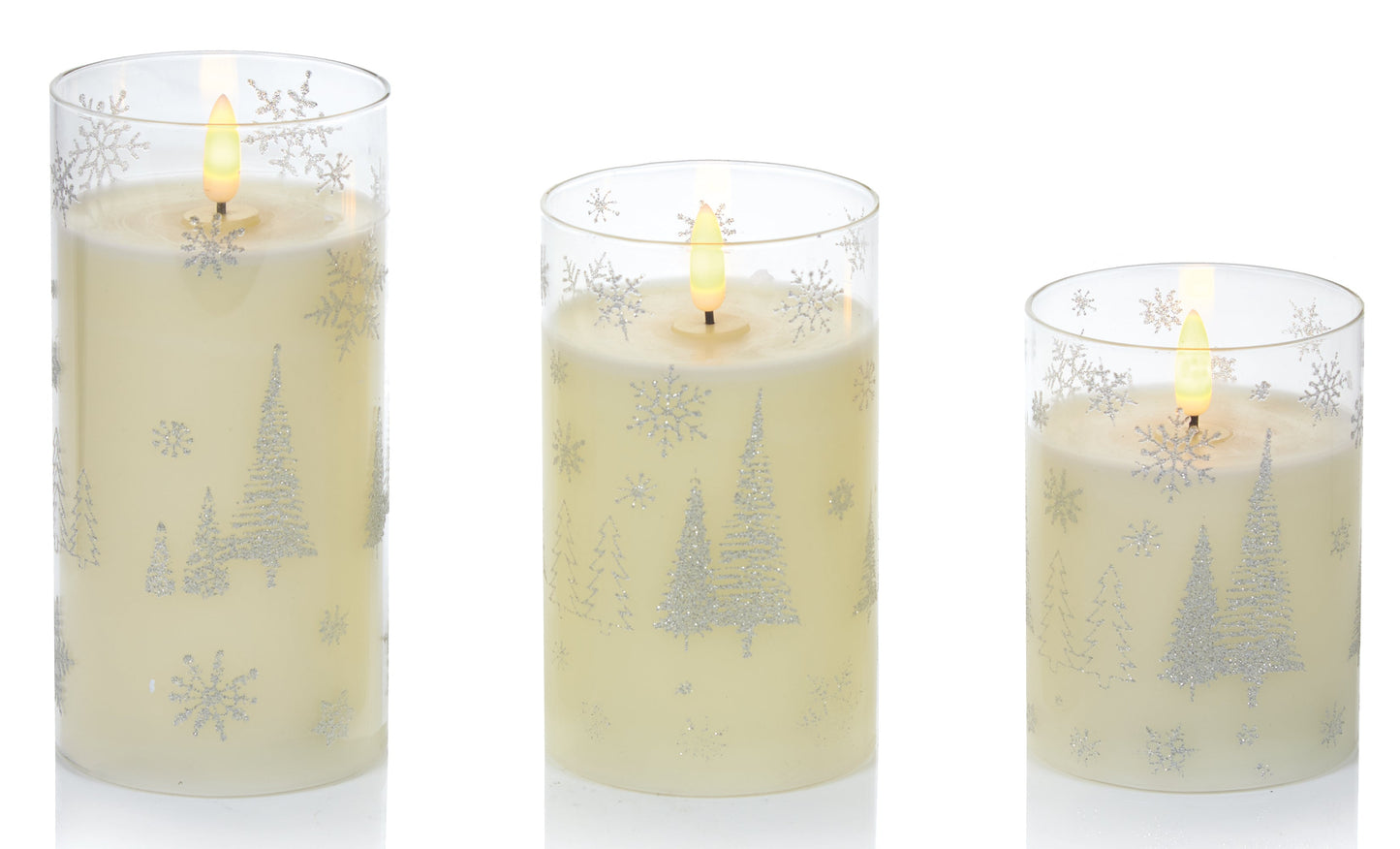 Set of 3 Snowflake & Christmas Tree Printed Glass Candles