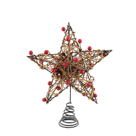 wicker and berries star tree topper on a plain white background