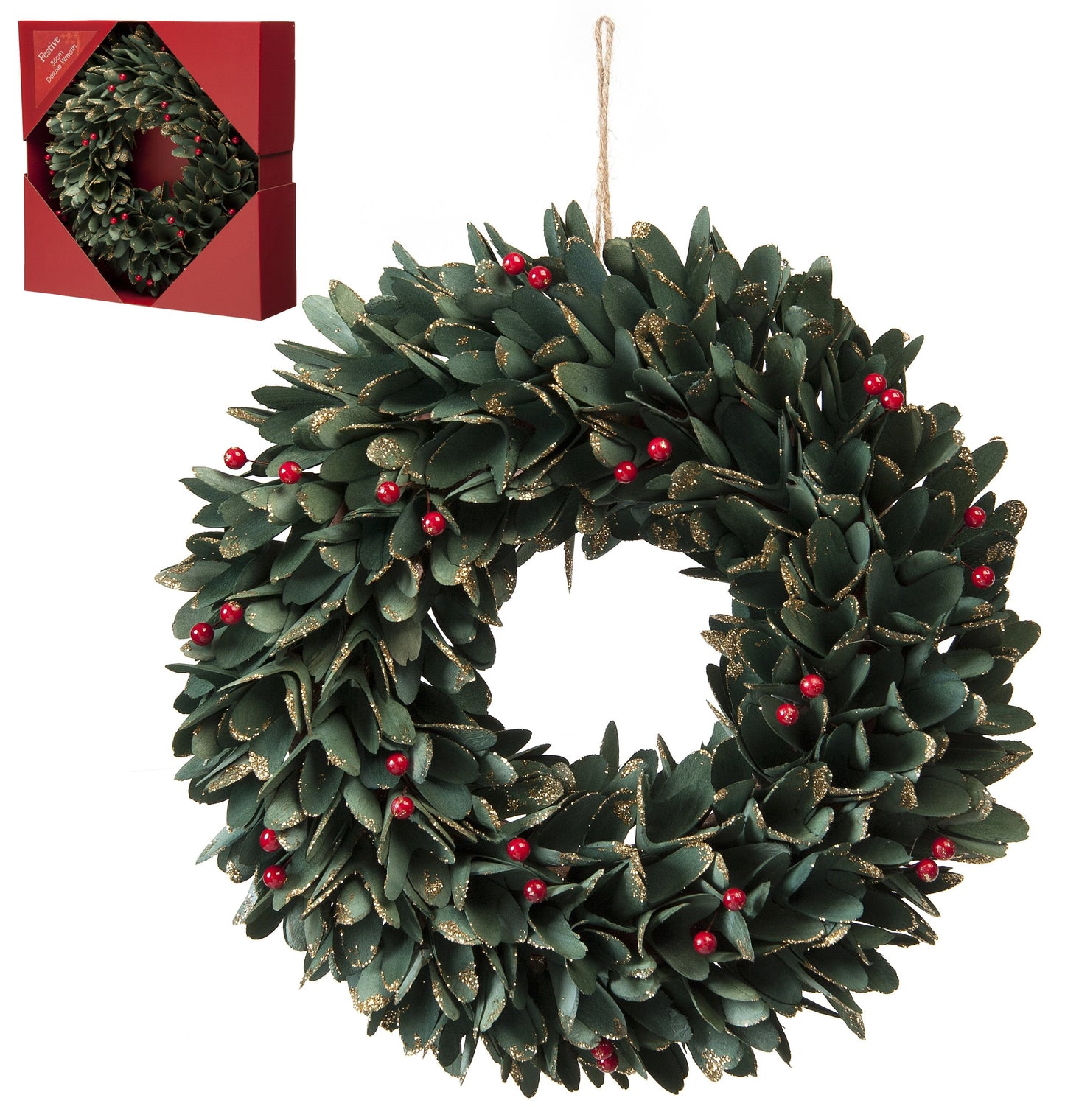 Green Leaf and Red Berries Festive Wreath 36cm