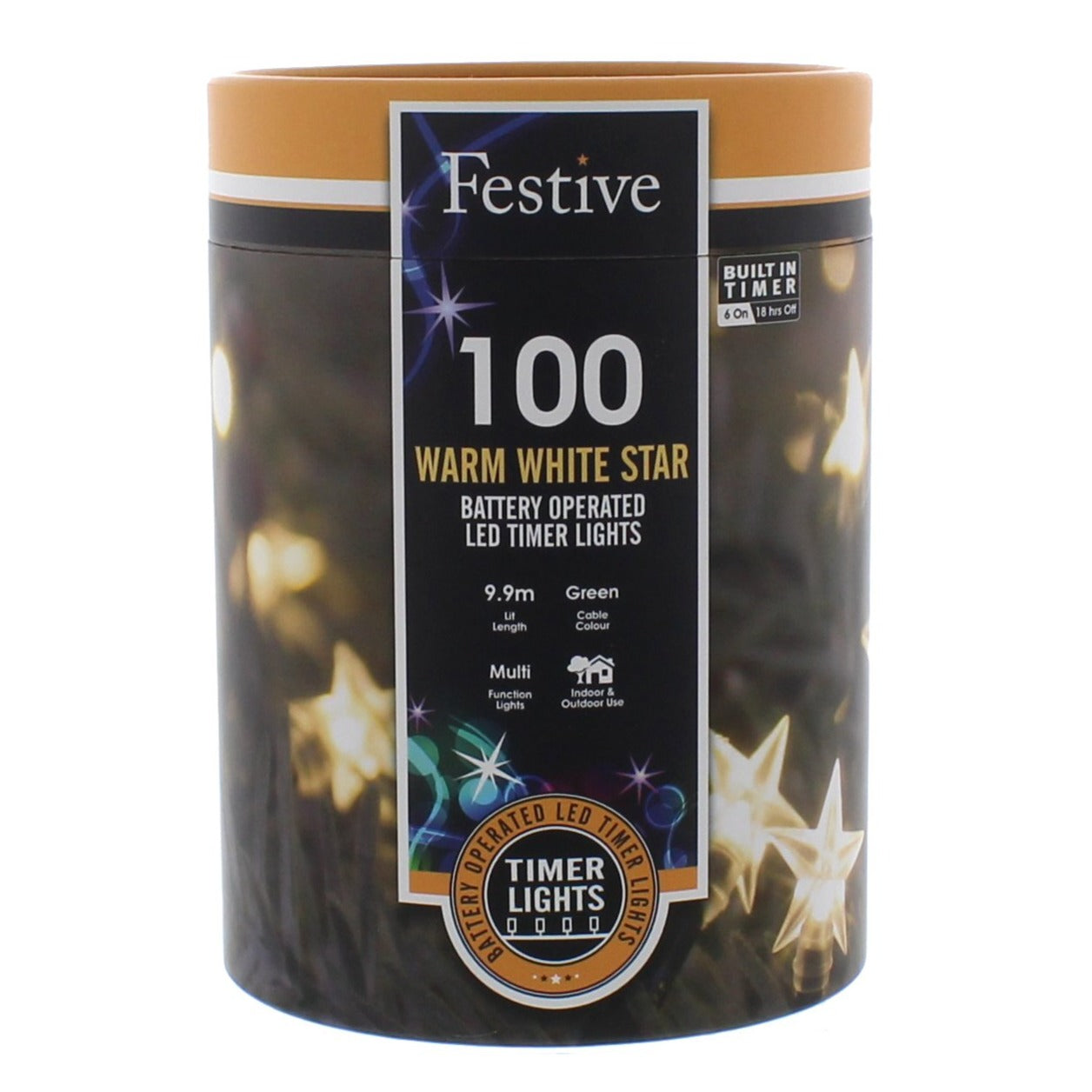 Festive 100 Warm White Star Battery Operated String Lights