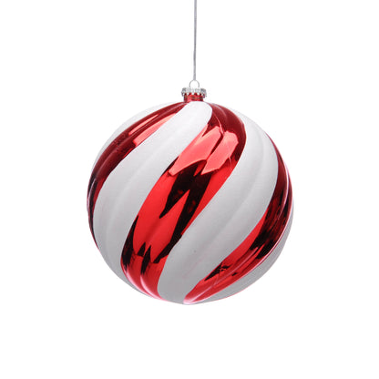 Red shiny and white glitter striped bauble with a silver wire