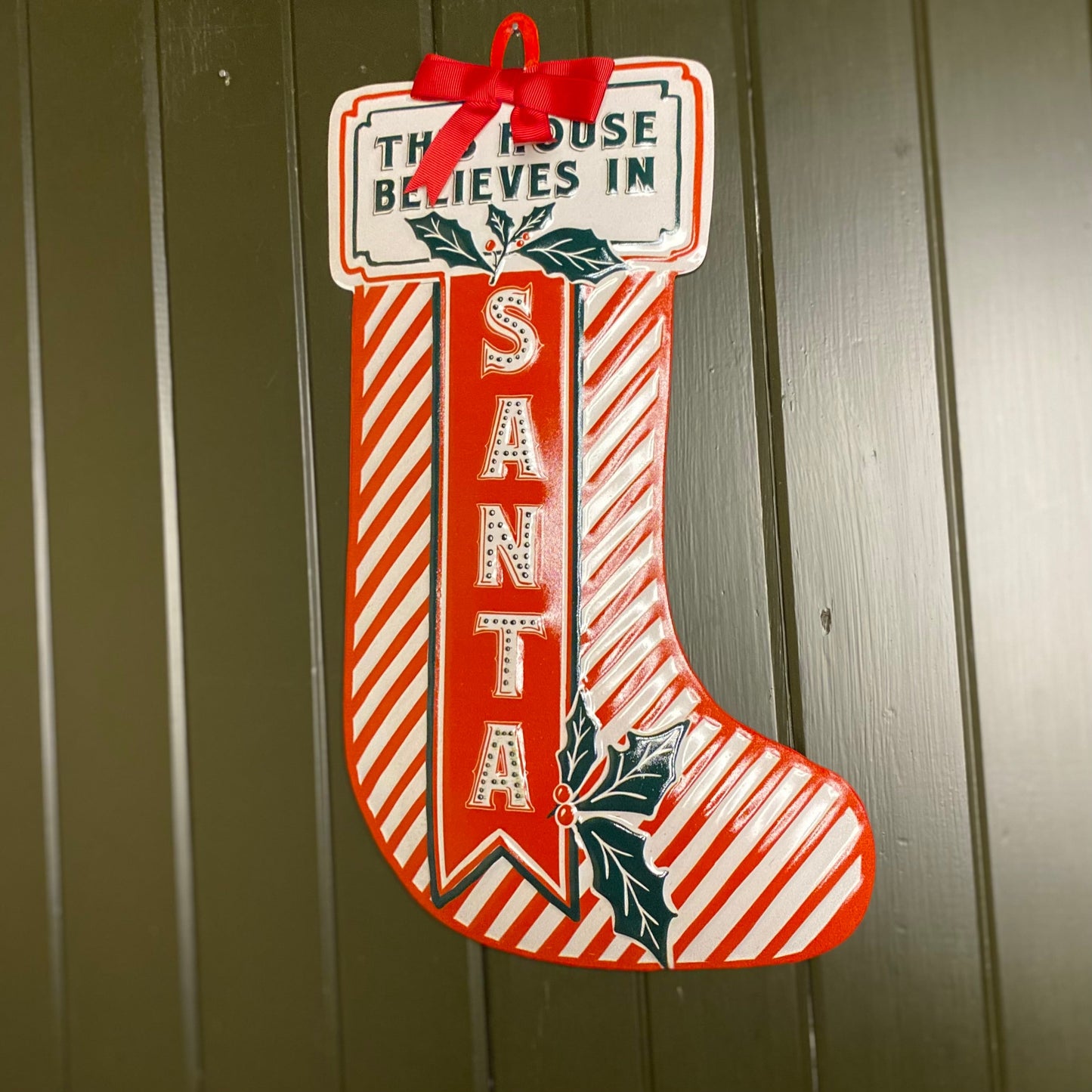 Christmas Vintage Style Red and White Stocking Shape Sign 39cm