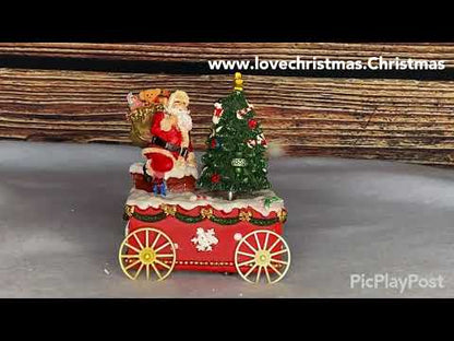 Santa With Tree on Cart Christmas Music Box