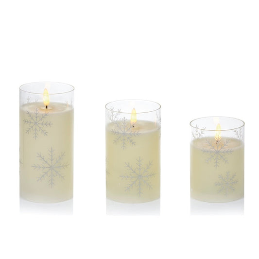 Set of 3 Flickabrights Christmas Snowflake Printed Glass Candles