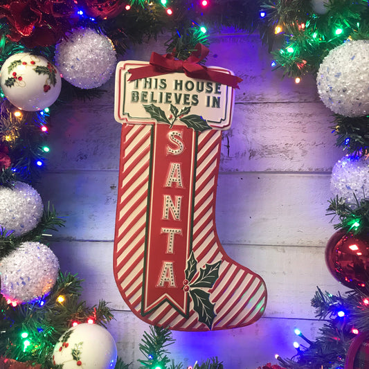 Christmas Vintage Style Red and White Stocking Shape Sign 39cm