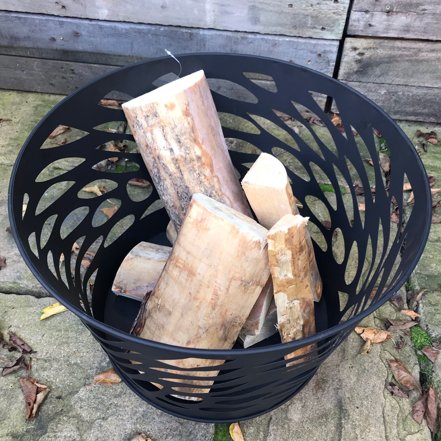 Black Fire Pit Bucket with Laser Cut Design 45cm